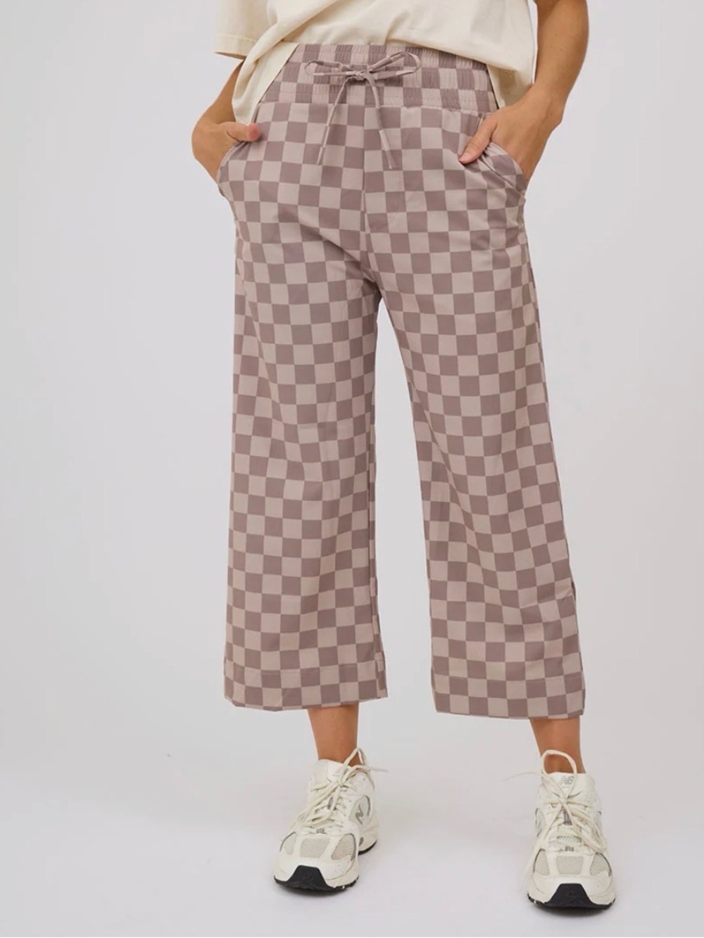 Albion Taupe Checkered Cropped Wide-Leg Pants